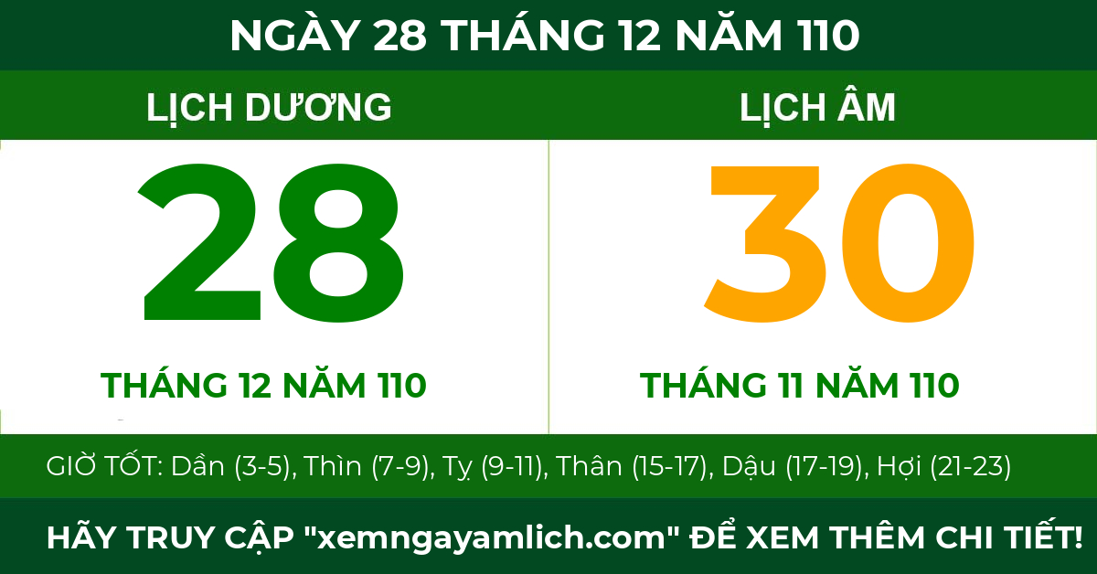 lịch âm ngày 28 tháng 12 năm 110