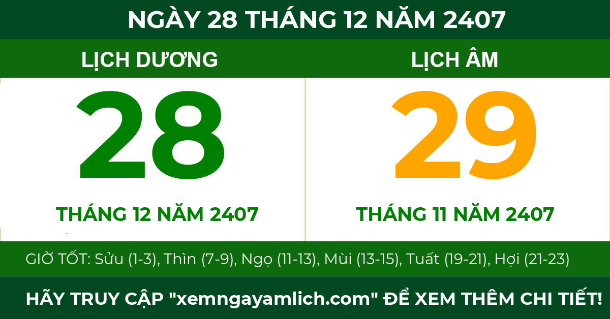 lịch âm ngày 28 tháng 12 năm 2407