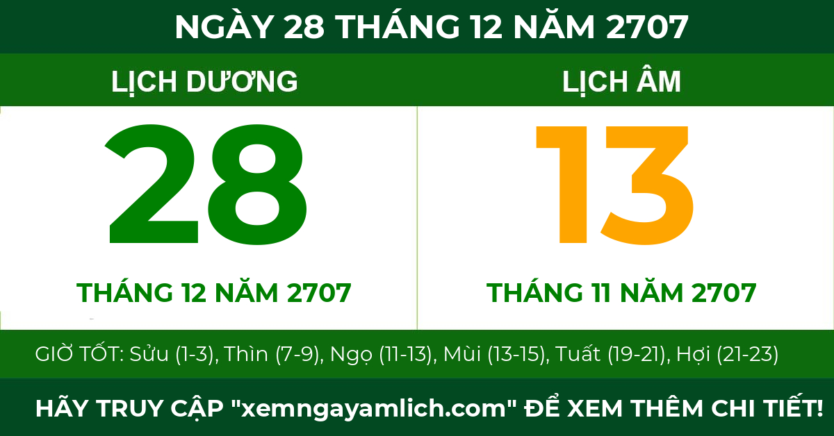 lịch âm ngày 28 tháng 12 năm 2707