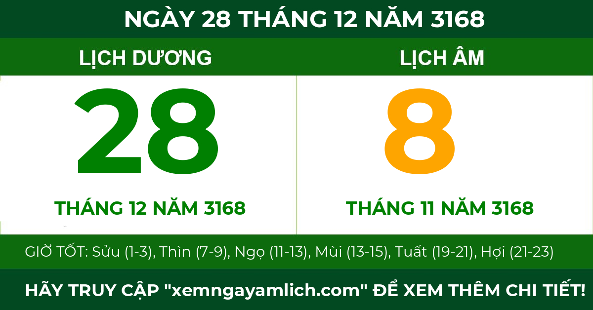lịch âm ngày 28 tháng 12 năm 3168