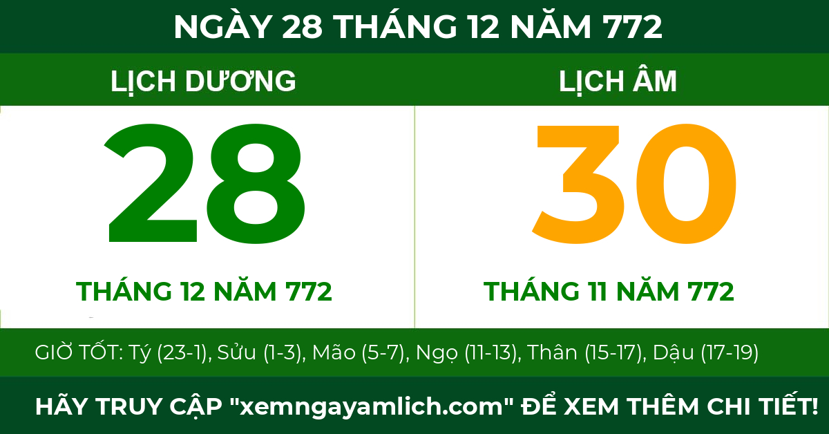 lịch âm ngày 28 tháng 12 năm 772