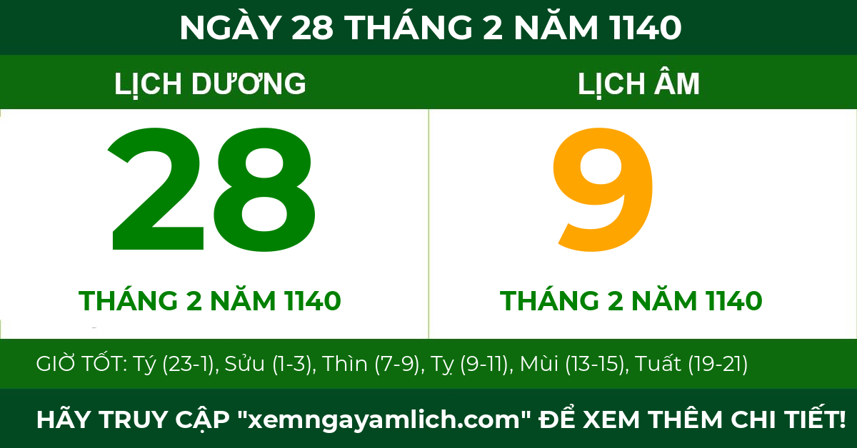 lịch âm ngày 28 tháng 2 năm 1140