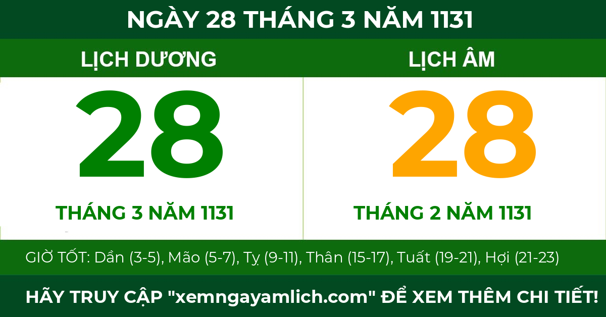 lịch âm ngày 28 tháng 3 năm 1131