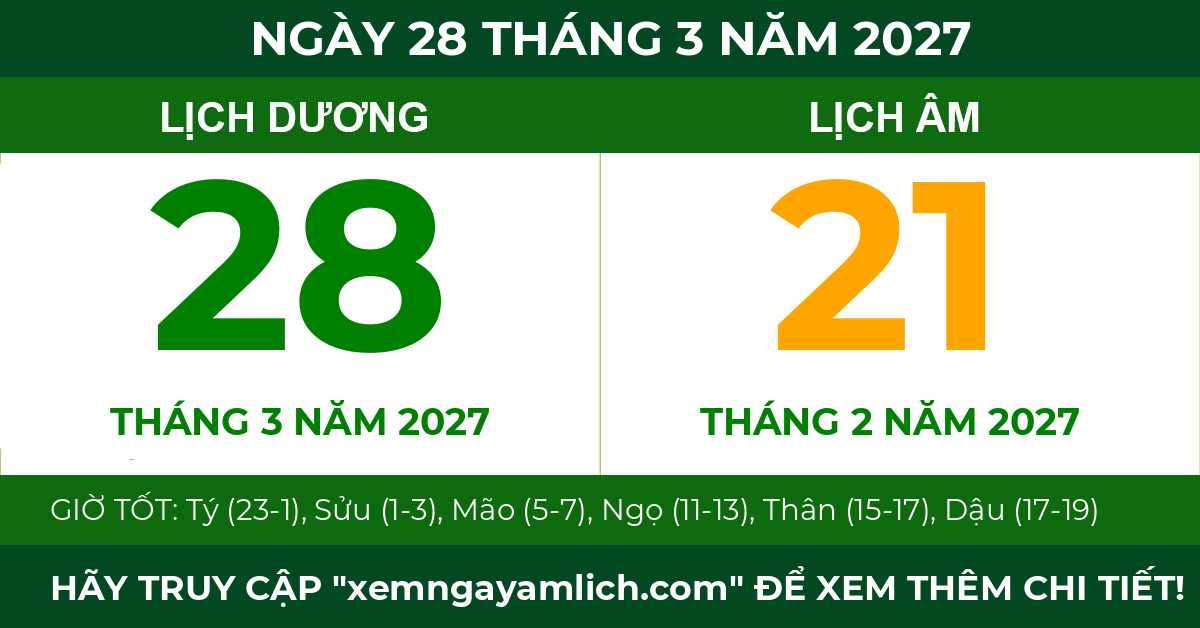 lịch âm ngày 28 tháng 3 năm 2027