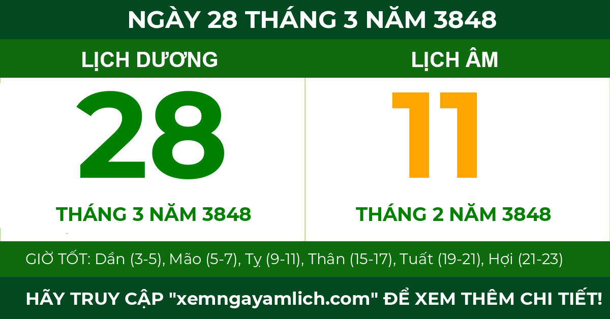lịch âm ngày 28 tháng 3 năm 3848