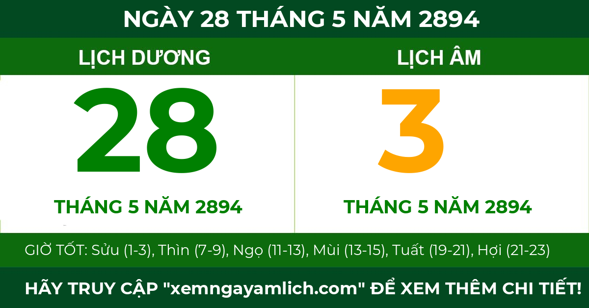 lịch âm ngày 28 tháng 5 năm 2894