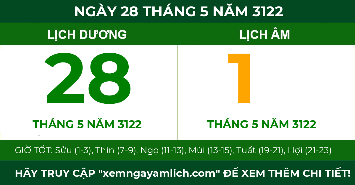 lịch âm ngày 28 tháng 5 năm 3122