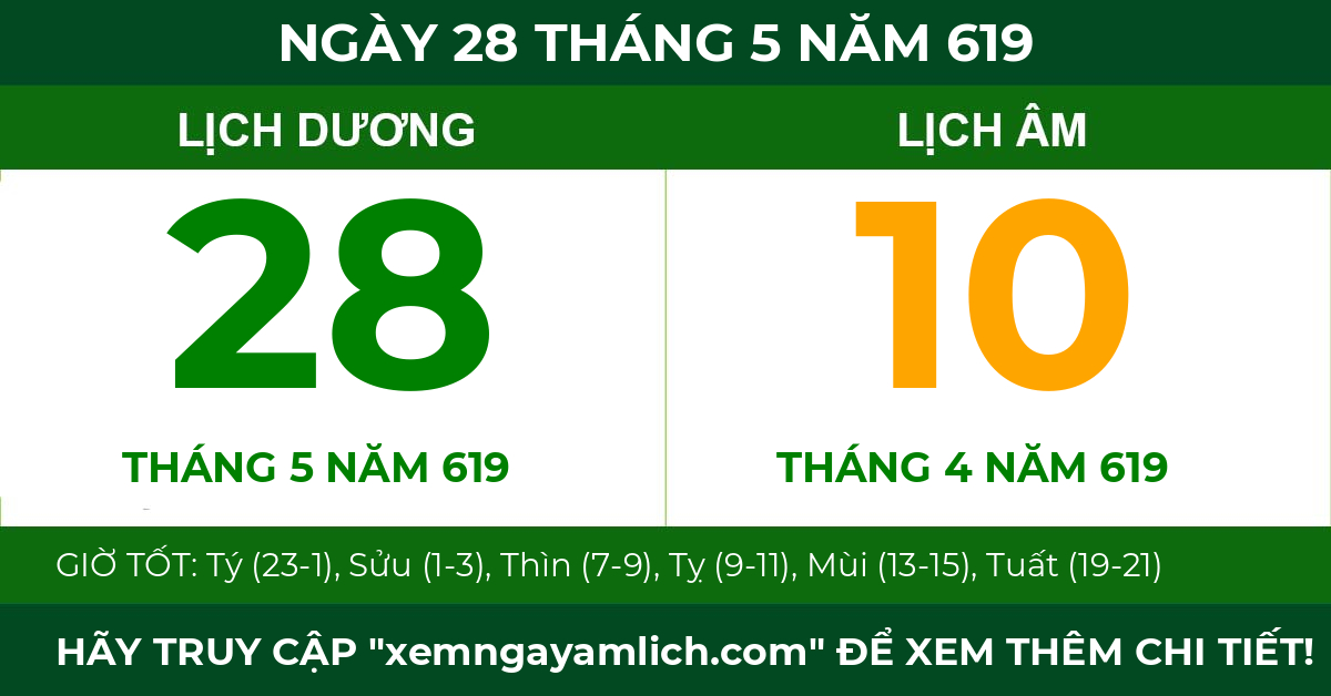 lịch âm ngày 28 tháng 5 năm 619