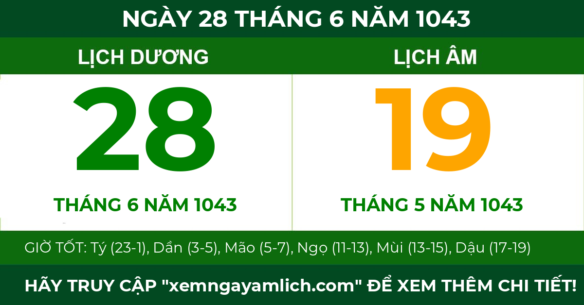 lịch âm ngày 28 tháng 6 năm 1043