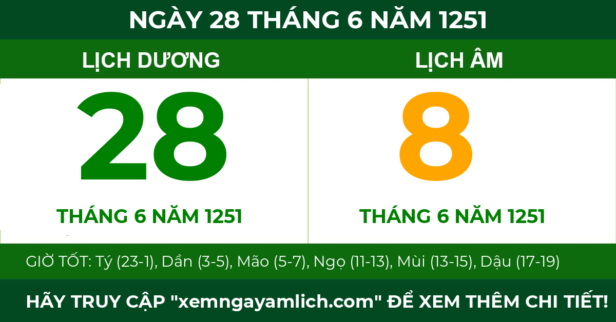 lịch âm ngày 28 tháng 6 năm 1251