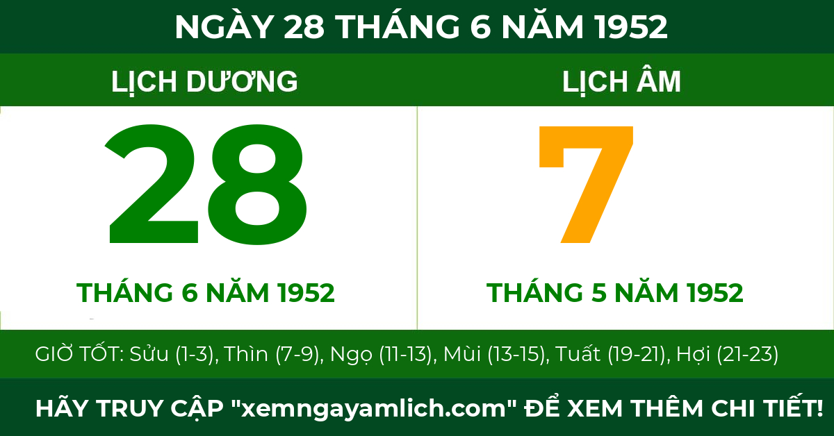 lịch âm ngày 28 tháng 6 năm 1952