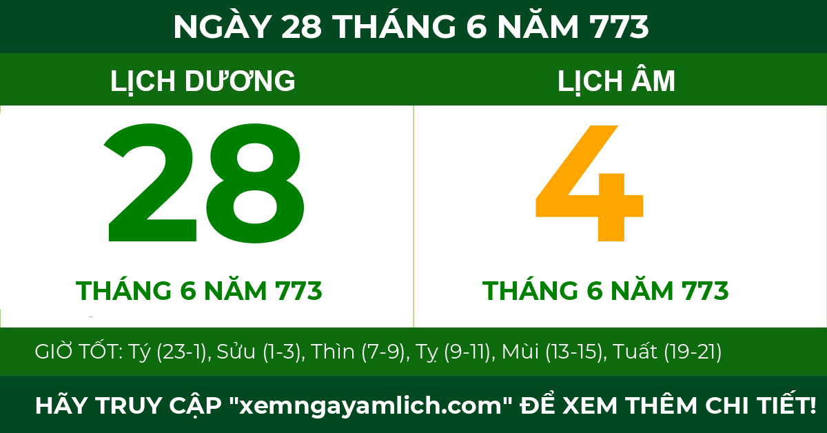 lịch âm ngày 28 tháng 6 năm 773
