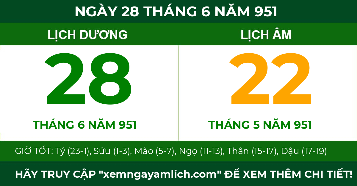 lịch âm ngày 28 tháng 6 năm 951