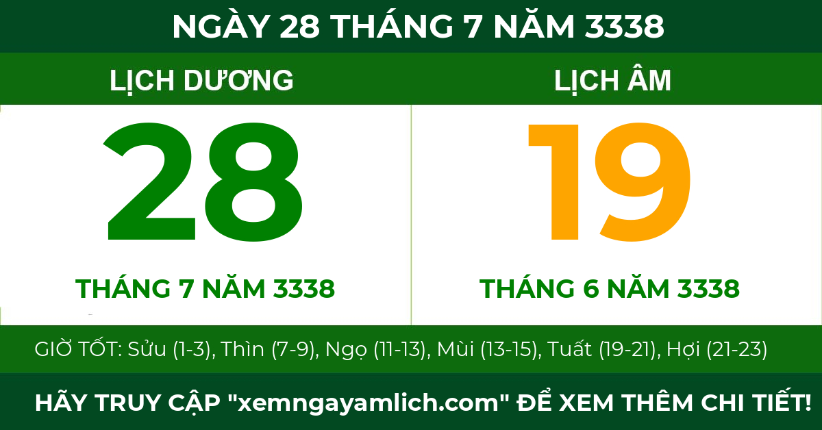 lịch âm ngày 28 tháng 7 năm 3338