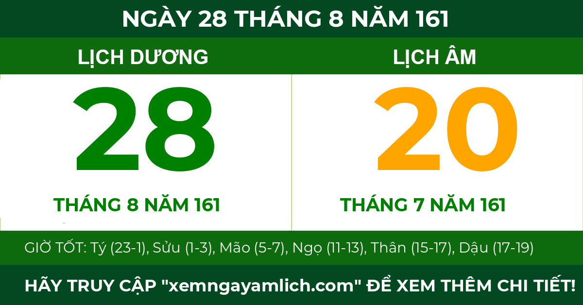 lịch âm ngày 28 tháng 8 năm 161