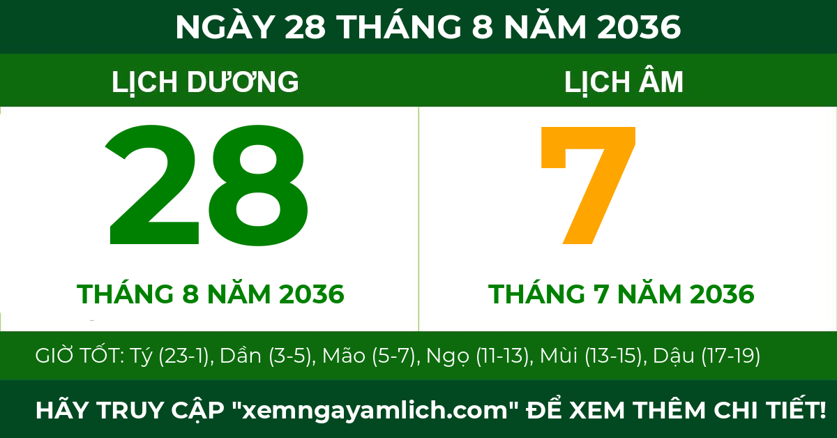 lịch âm ngày 28 tháng 8 năm 2036