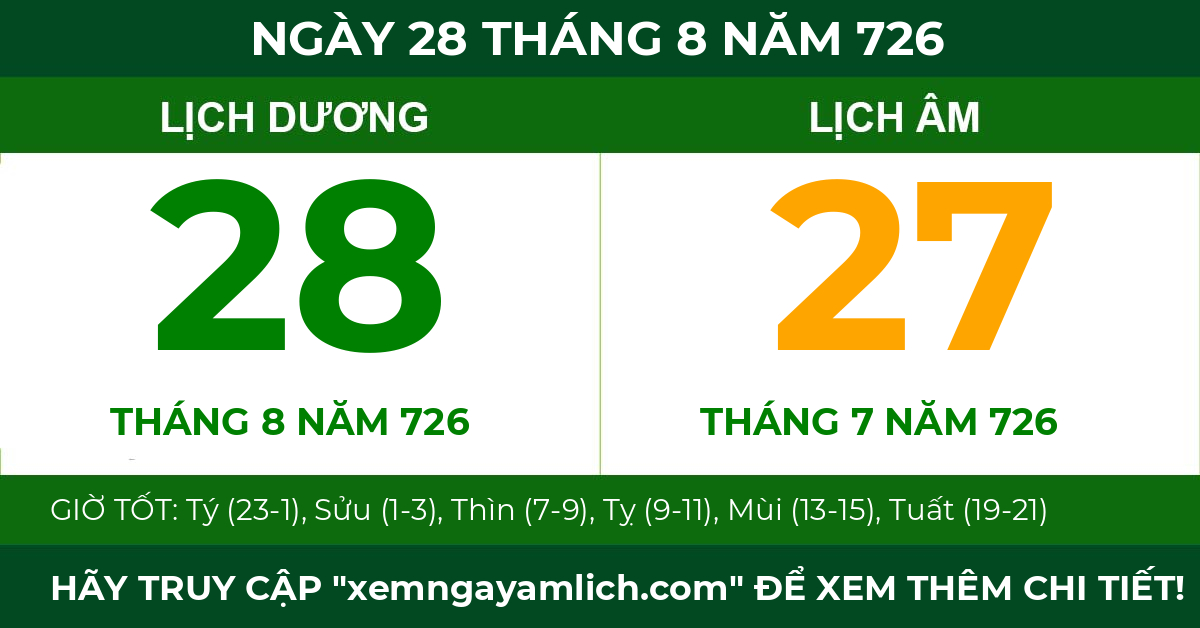 lịch âm ngày 28 tháng 8 năm 726