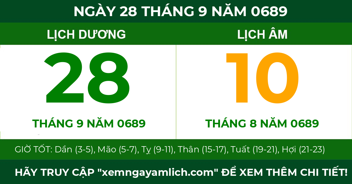 lịch âm ngày 28 tháng 9 năm 0689
