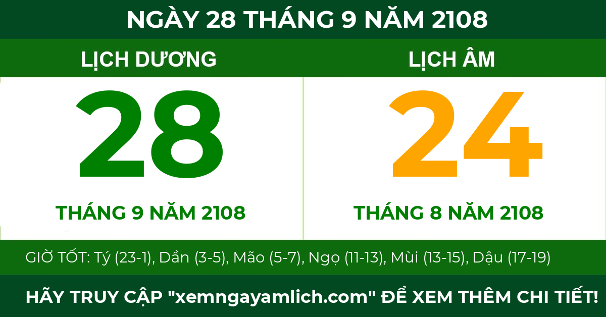lịch âm ngày 28 tháng 9 năm 2108