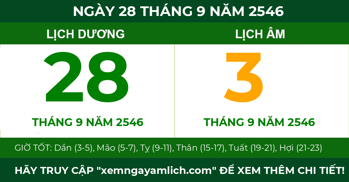 lịch âm ngày 28 tháng 9 năm 2546