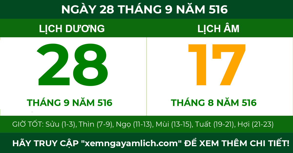 lịch âm ngày 28 tháng 9 năm 516