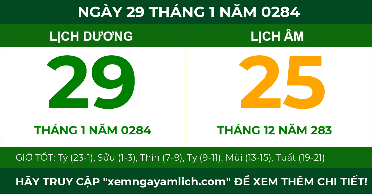 lịch âm ngày 29 tháng 1 năm 0284