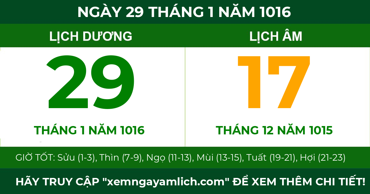lịch âm ngày 29 tháng 1 năm 1016