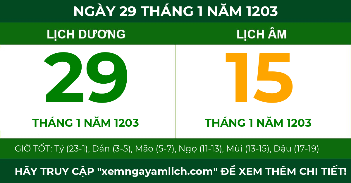 lịch âm ngày 29 tháng 1 năm 1203
