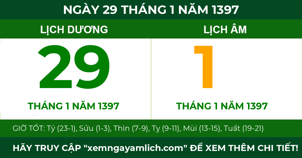 lịch âm ngày 29 tháng 1 năm 1397
