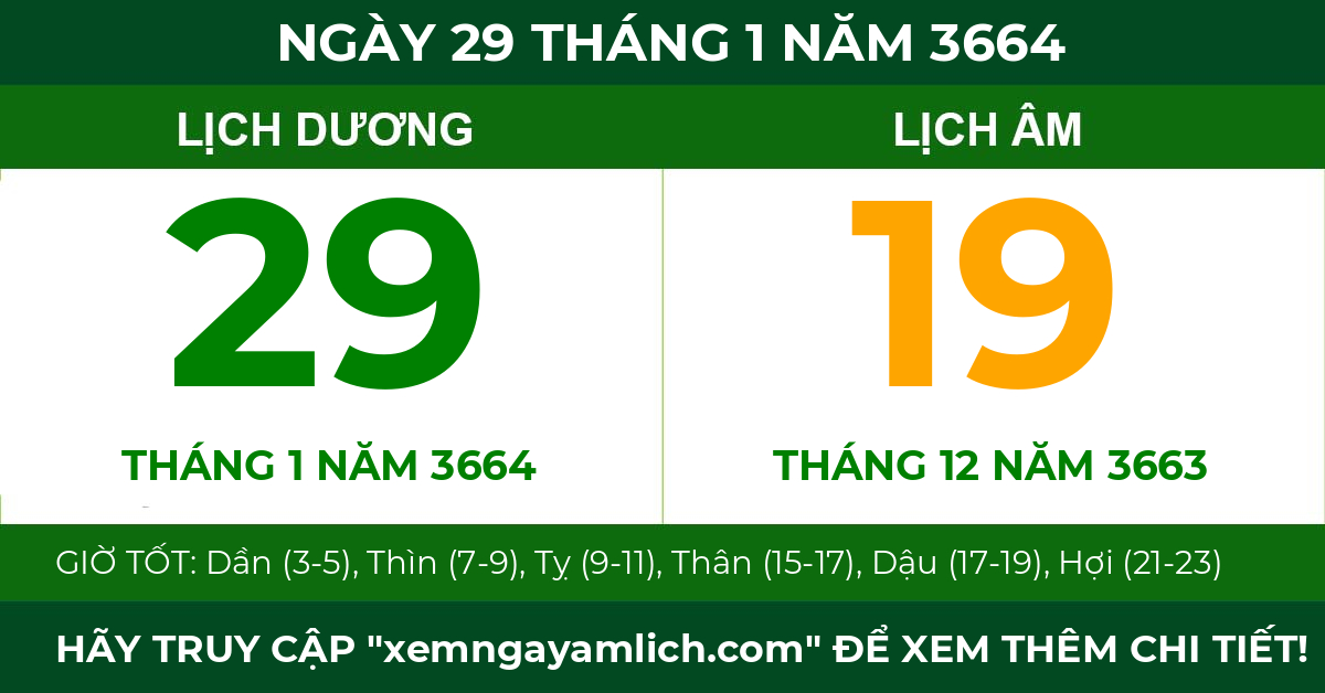 lịch âm ngày 29 tháng 1 năm 3664