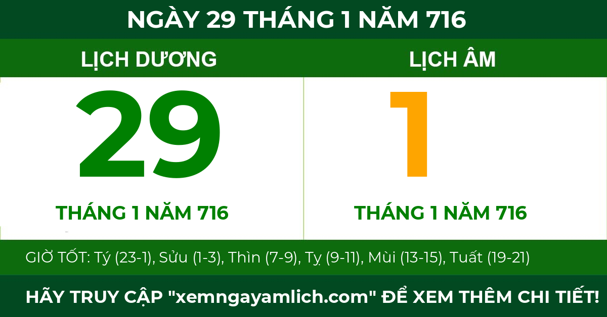 lịch âm ngày 29 tháng 1 năm 716