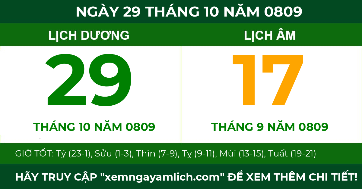 lịch âm ngày 29 tháng 10 năm 0809