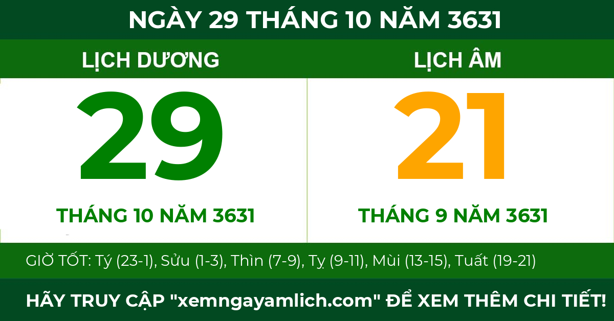 lịch âm ngày 29 tháng 10 năm 3631