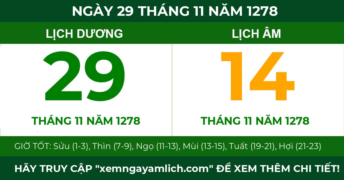 lịch âm ngày 29 tháng 11 năm 1278