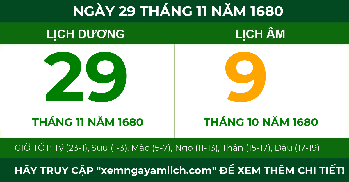 lịch âm ngày 29 tháng 11 năm 1680