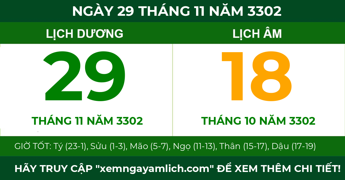 lịch âm ngày 29 tháng 11 năm 3302