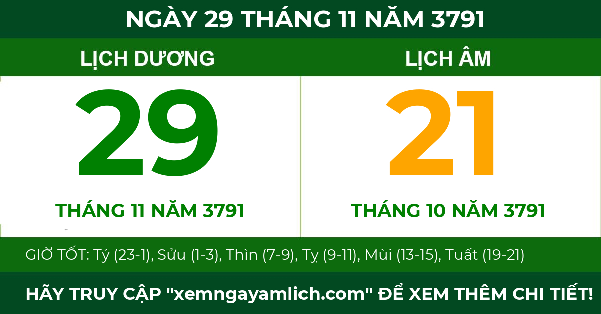 lịch âm ngày 29 tháng 11 năm 3791