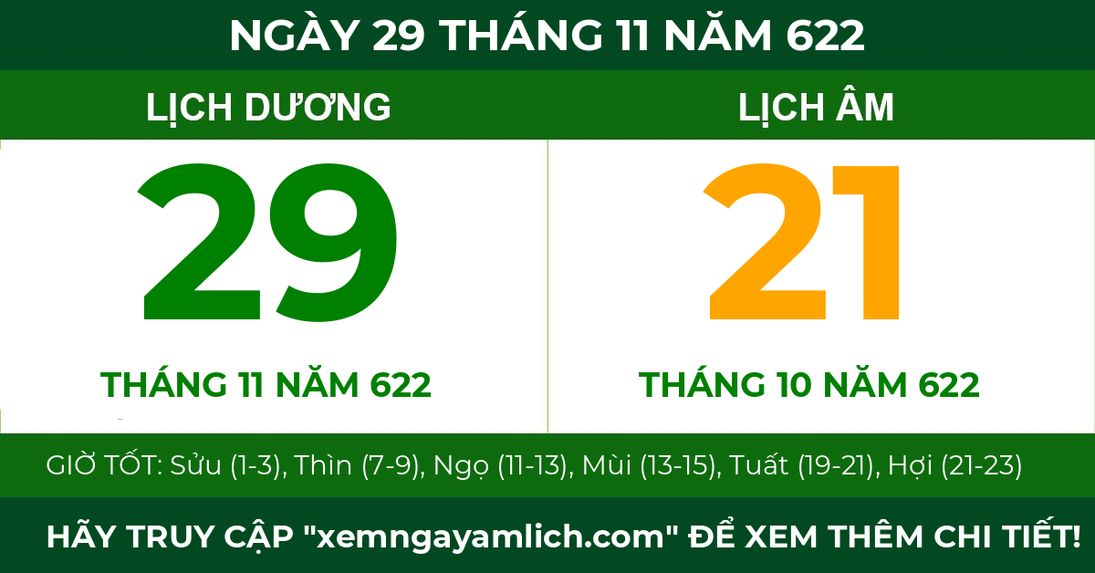 lịch âm ngày 29 tháng 11 năm 622