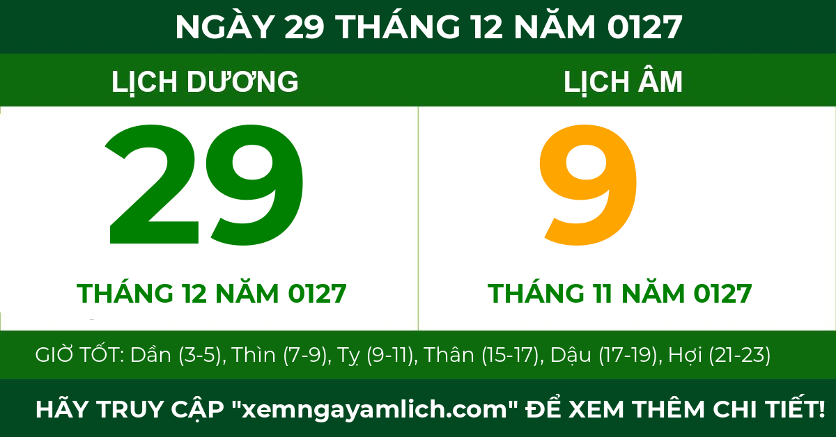 lịch âm ngày 29 tháng 12 năm 0127