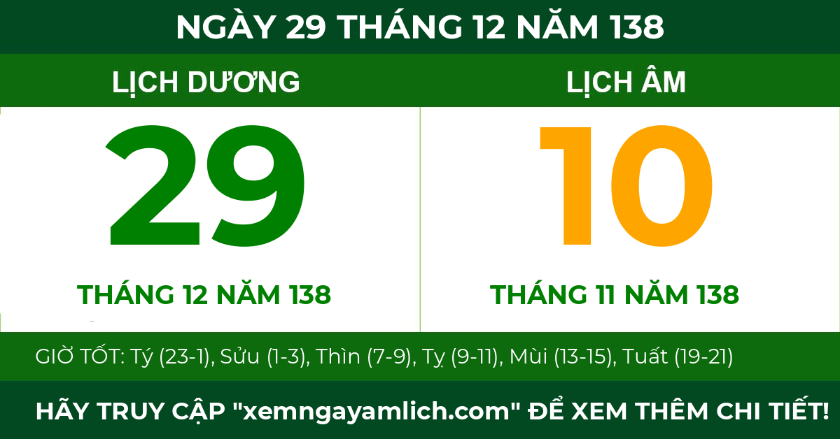 lịch âm ngày 29 tháng 12 năm 138