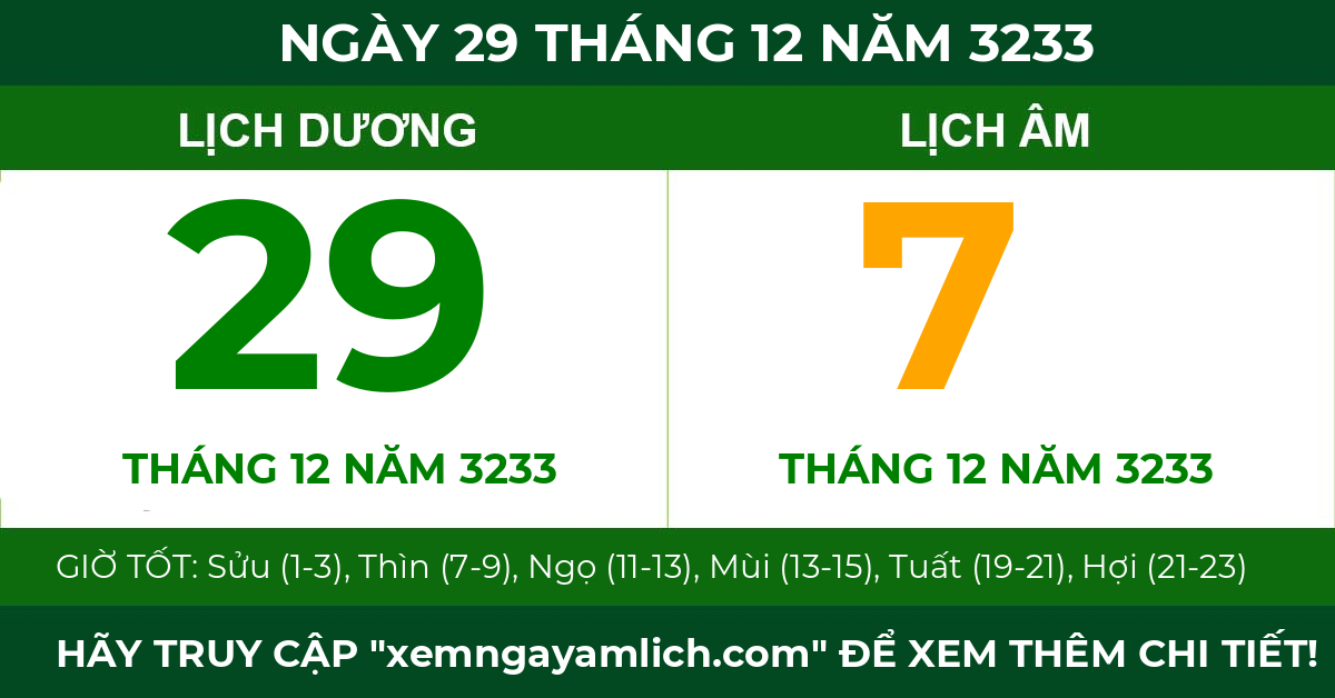 lịch âm ngày 29 tháng 12 năm 3233