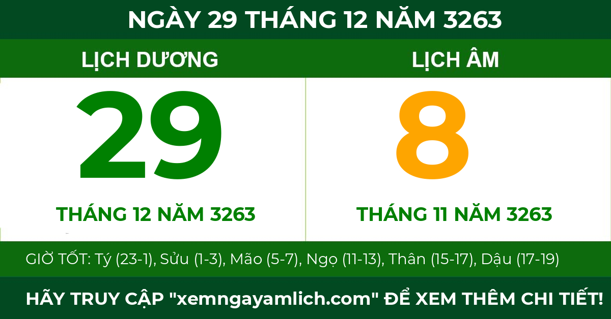 lịch âm ngày 29 tháng 12 năm 3263