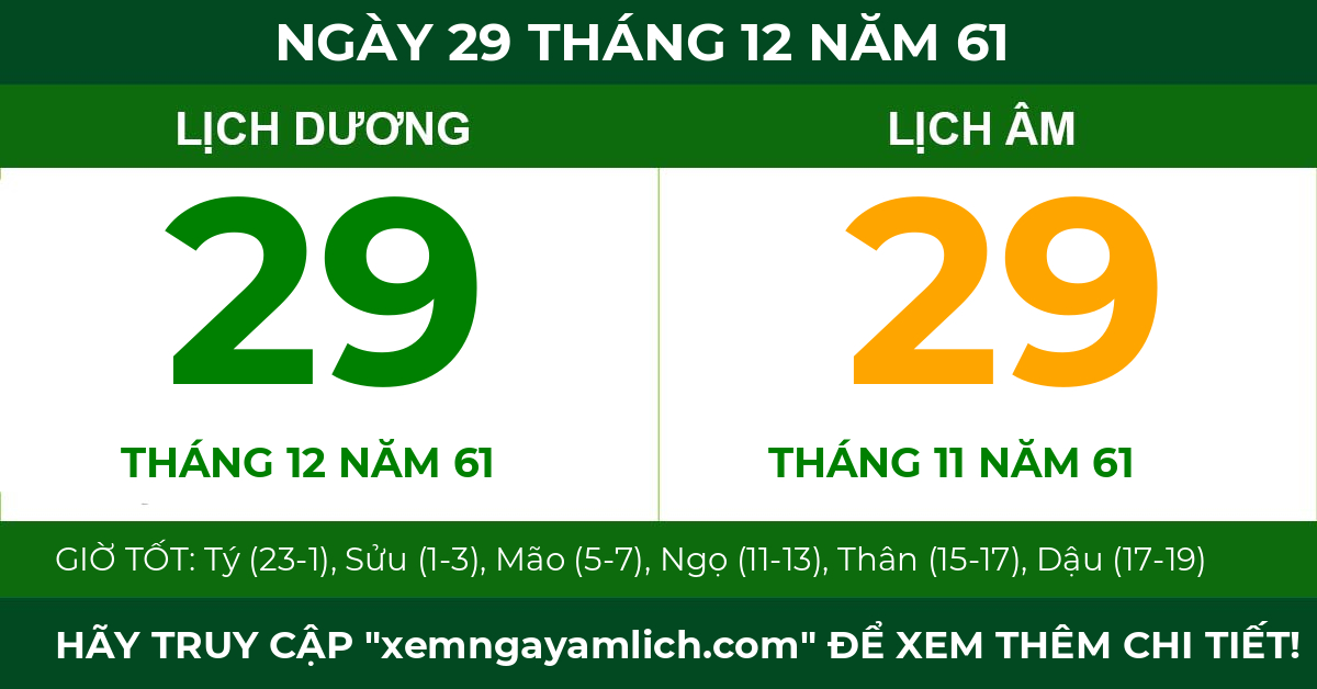 lịch âm ngày 29 tháng 12 năm 61