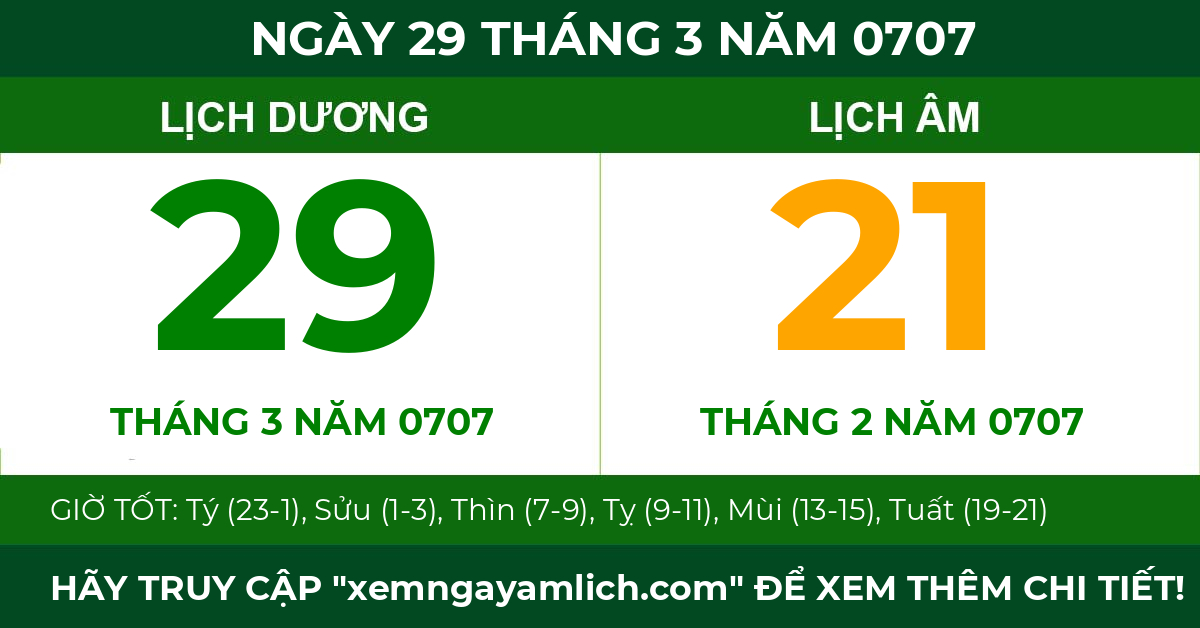 lịch âm ngày 29 tháng 3 năm 0707