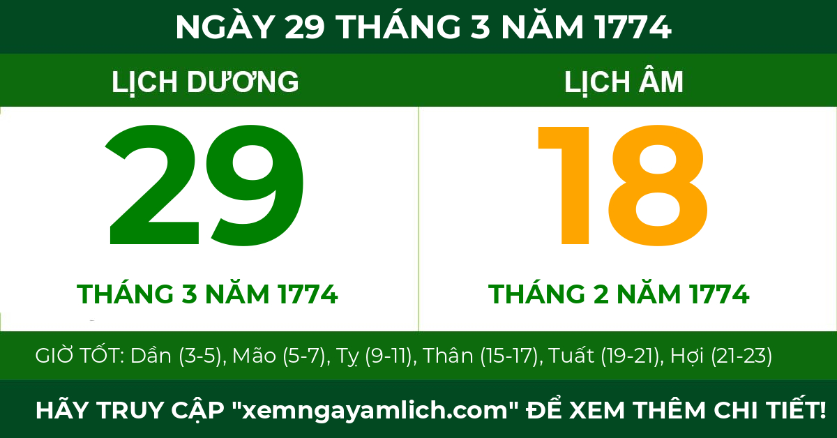 lịch âm ngày 29 tháng 3 năm 1774