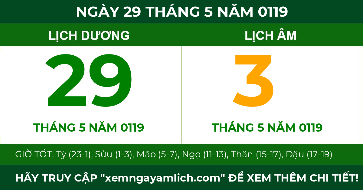 lịch âm ngày 29 tháng 5 năm 0119
