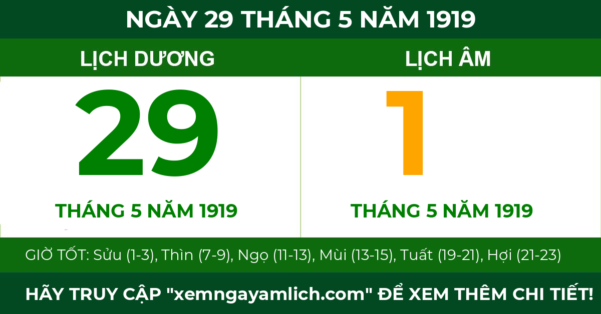 lịch âm ngày 29 tháng 5 năm 1919