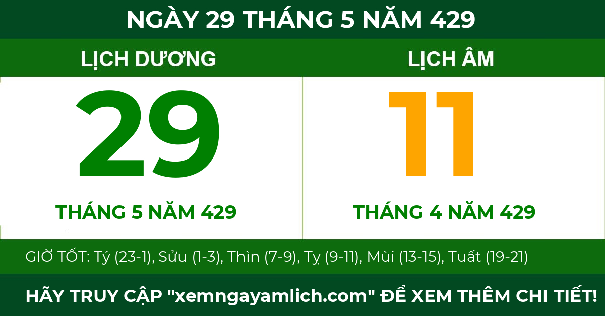 lịch âm ngày 29 tháng 5 năm 429
