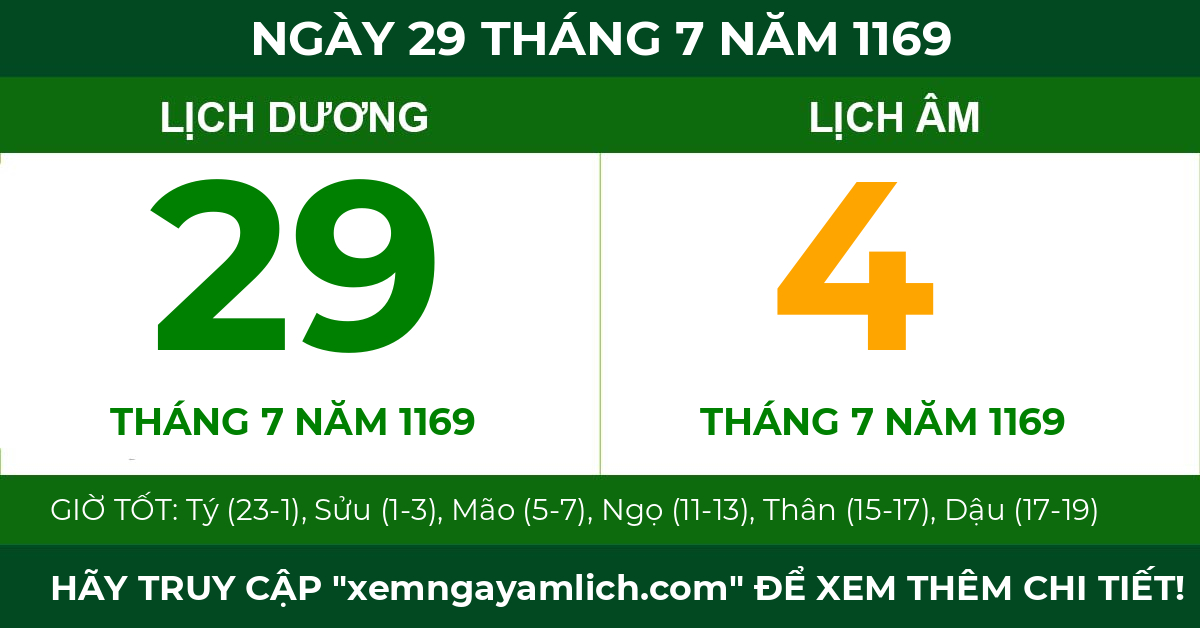 lịch âm ngày 29 tháng 7 năm 1169