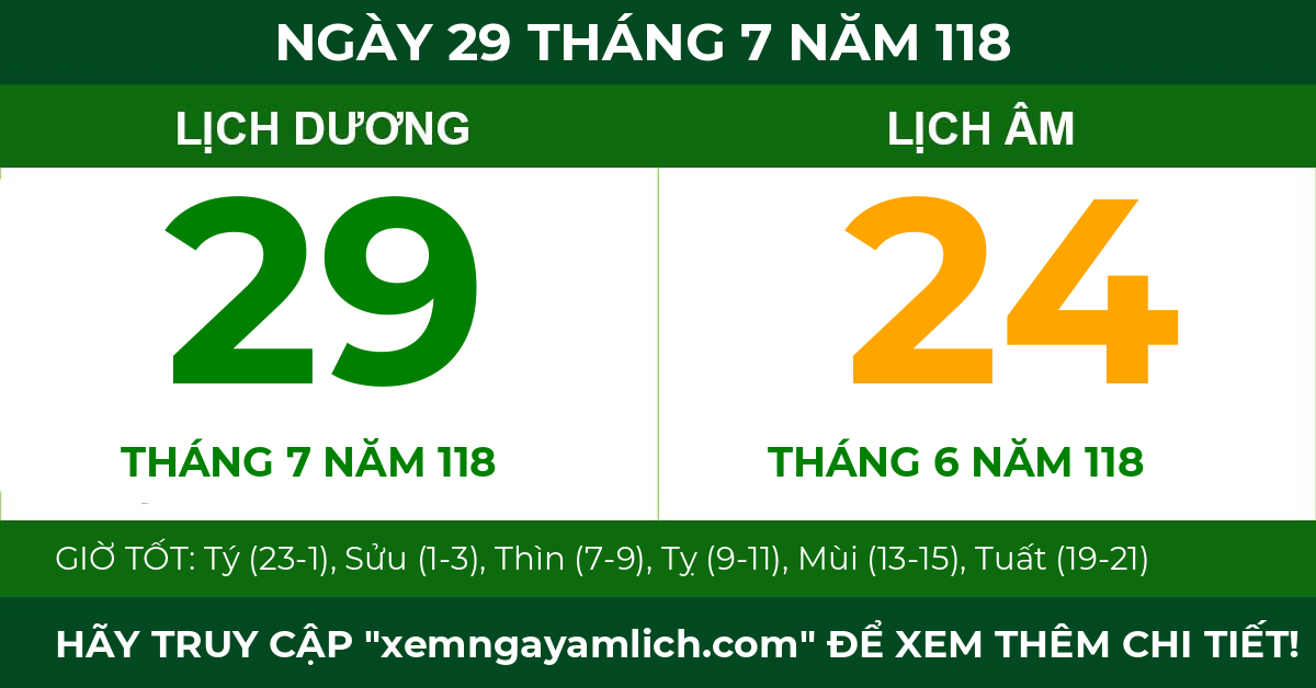 lịch âm ngày 29 tháng 7 năm 118